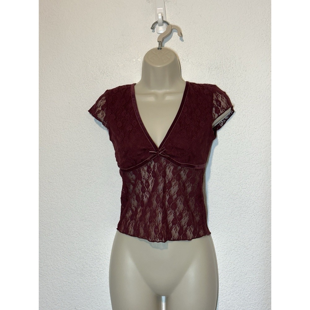 Y2K Just Polly M Babydoll Sheer Lace‎ Top Whimsigoth Fairy Grunge Maroon Boho